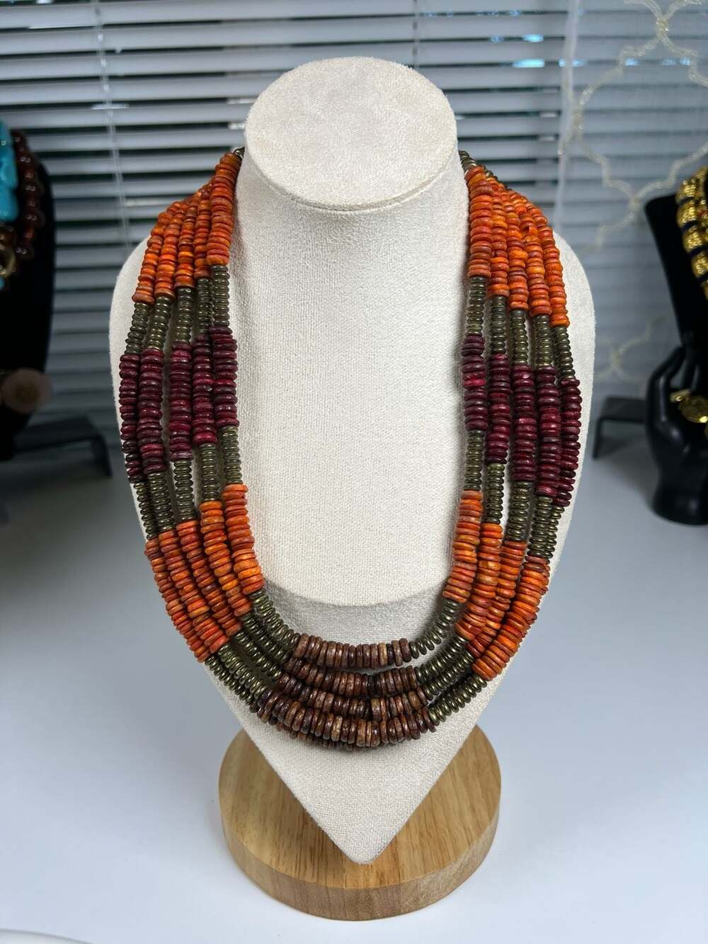 Boho Multi-Strand Wooden Disc and Brass Bead Statement Necklace